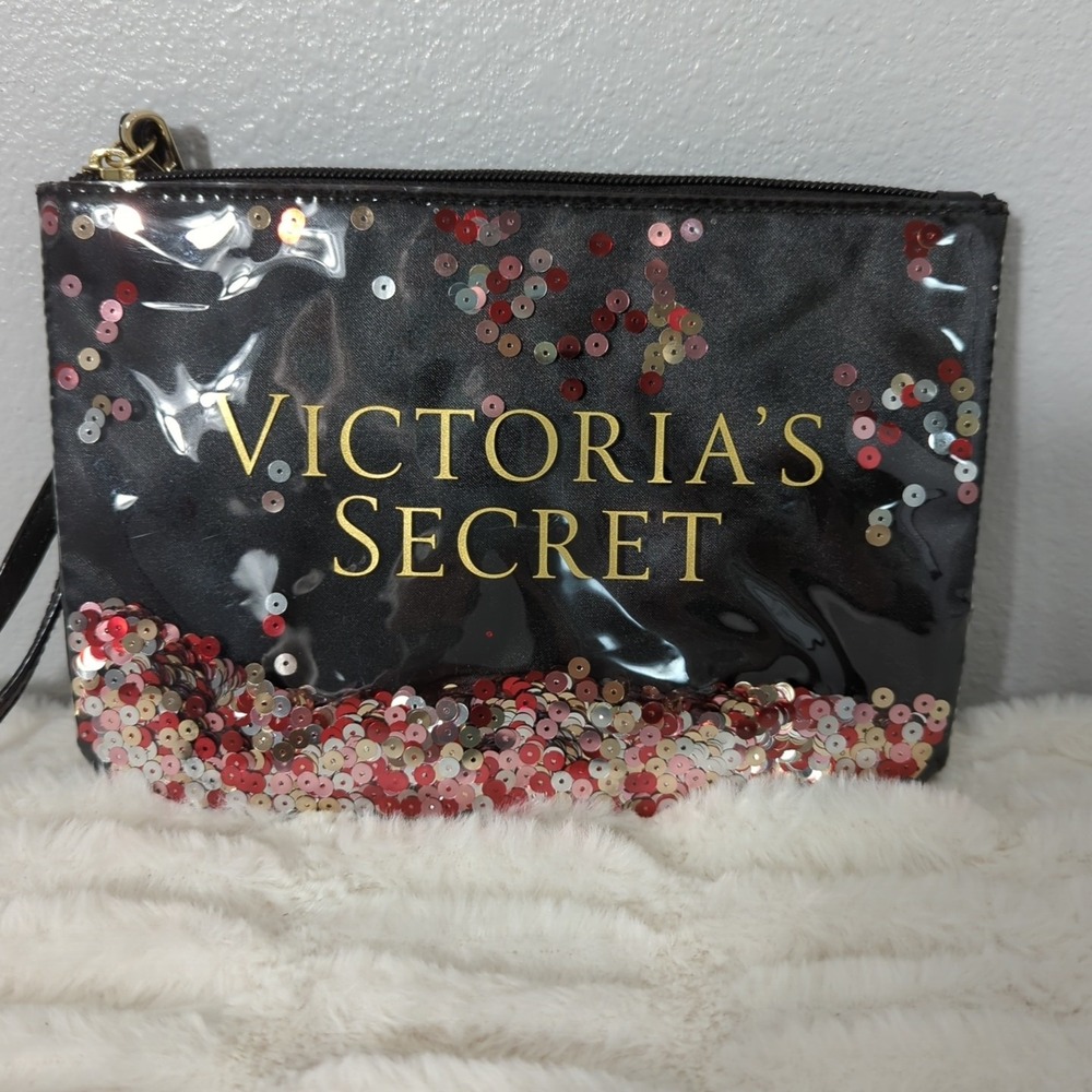 VICTORIA'S SECRET DYNAMIC  PINK RED SILVER Sequins BLACK POUCH PURSE CLUTCH‎